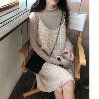 Turtleneck Long-sleeve T-shirt / Plaid Spaghetti Strap Dress