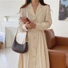 Long-sleeve Belted Faux Pearl Button Midi Blazer Dress