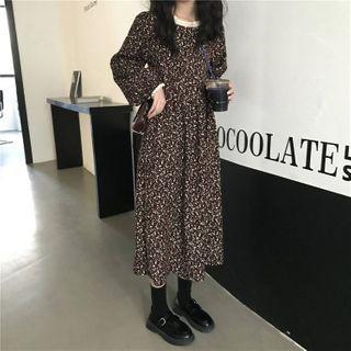 Long-sleeve Floral Print Corduroy Midi A-line Dress Black - One Size