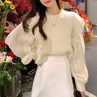 Long-sleeve Chiffon Panel Ruffled Knit Top