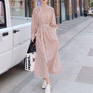 Mock Neck Striped Midi Shirtdress