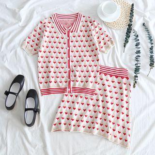Set: Heart Print Cardigan + A-line Mini Skirt