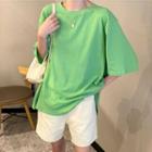 Elbow-sleeve Open Back T-shirt Green - One Size