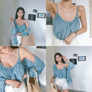 Set: Shirred Open-front Cardigan + Spaghetti-strap Top