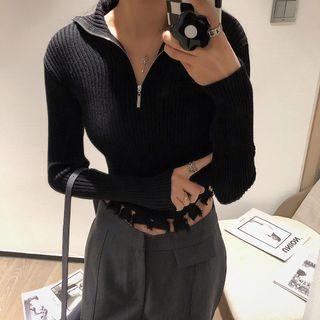 Half-zip Distressed Knit Crop Top