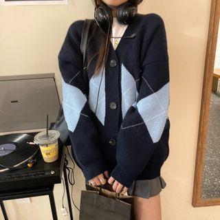 Argyle Loose-fit Cardigan Blue - One Size