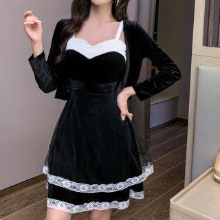 Sleeveless Lace Tim Velvet Mini A-line Dress / Light Jacket