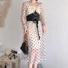 Set: Long-sleeve Dotted Midi Mesh Dress + Faux Leather Corset