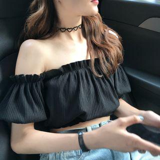Off-shoulder Ribbed Knit Cropped Blouse Black - One Size