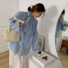 Long-sleeve Tie Neck Plain Shirt / High-waist Layered Pleated Skirt