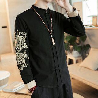 Crane Embroidered Long Sleeve Cheongsam Top
