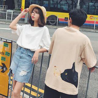 Couple Matching Cat Print Elbow-sleeve T-shirt