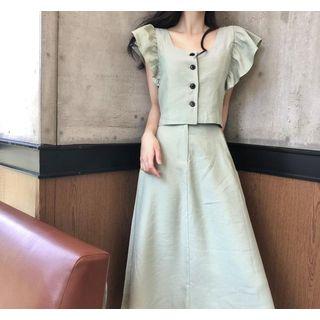 Set: Plain Short-sleeve Cropped Top + High-waist Skirt