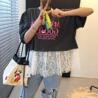 Short-sleeve Lace Panel T-shirt / Cartoon Print Denim Vest