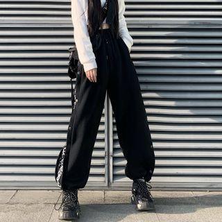 Side-buttoned Drawstring Waist Straight-cut Pants
