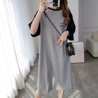 Elbow-sleeve Lettering Midi T-shirt Dress Gray - One Size