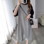 Elbow-sleeve Lettering Midi T-shirt Dress Gray - One Size