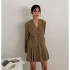 Set: Button Jacket + Mini A-line Pleated Skirt Jacket & Skirt - Khaki - One Size