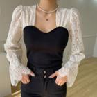 Lace-panel Ribbed-knit Blouse Black - One Size