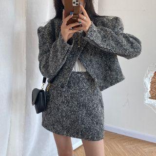 Set: Tweed Button-up Jacket + Mini Skirt Set - Black & Gray - One Size
