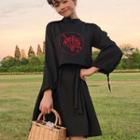 Embroidered Long-sleeve Mandarin Collar A-line Dress Black - One Size