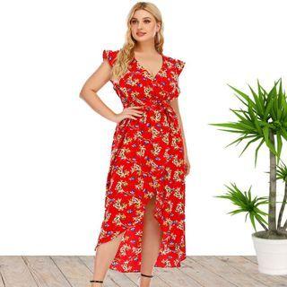 Plus Size Cap Sleeve V Neck Print A-line Dress
