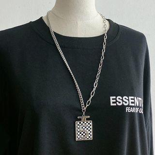Numerical Checker Pendant Stainless Steel Necklace Plaid - Black & White - One Size