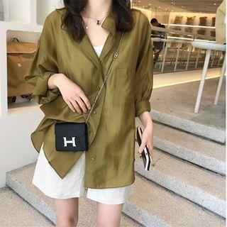 Long-sleeve Plain Loose Fit Sheer Shirt