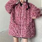 Leopard Print Fleece Zip-up Hooded Jacket Leopard - Raspberry Pink - One Size