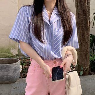 Short-sleeve Striped Shirt Striped - Blue - One Size