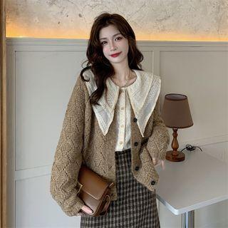 Lace Shirt / Pointelle Knit Cardigan / Plaid Midi Pencil Skirt