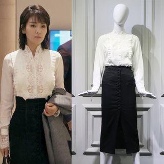 Lace-panel Blouse / Button-front Pencil Skirt