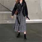 Faux Leather Zip Jacket / Printed Long-sleeve Midi Shift Dress