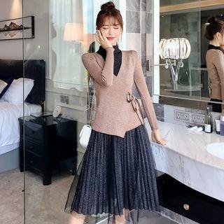 Set: V-neck Knit Top + Long-sleeve Panel A-line Dress