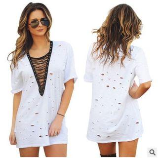 Crisscross Front Ripped Short Sleeve Long T-shirt