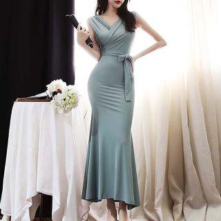 Sleeveless Ruffle Hem Maxi Sheath Dress