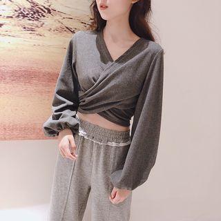 Cropped Puff-sleeve V-neck Top As Shown In Figure - One Size