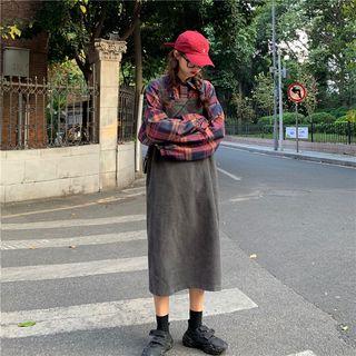 Plaid Shirt / Corduroy Midi Pinafore Dress