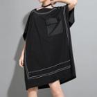 Pocket Detail Contrast Trim Elbow-sleeve T-shirt Dress Black - One Size