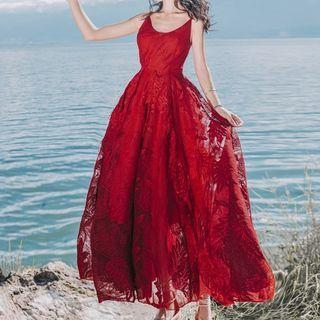 Spaghetti Strap Maxi A-line Dress / Hood Light Jacket
