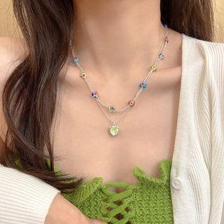 Heart Glass Pendant Necklace / Flower Necklace / Set