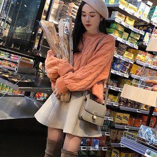 Set: Mock Neck Cable Knit Sweater + A-line Skirt