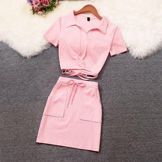 Set: Short-sleeve V-neck Slim Fit Polo Shirt + Mini Skirt