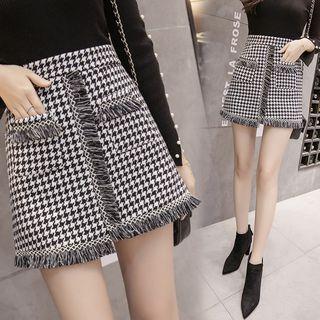 Houndstooth Fringed Trim A-line Skirt