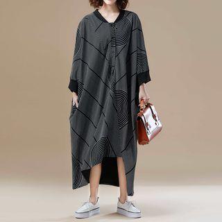 Batwing-sleeve Patterned Midi Shift Dress