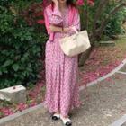 Long-sleeve Floral Print Midi Dress Rose Pink - One Size