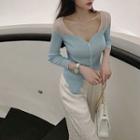 Long-sleeve Color Block Button-up Knit Top