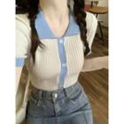 Short-sleeve Two Tone Knit Top Blue & White - One Size