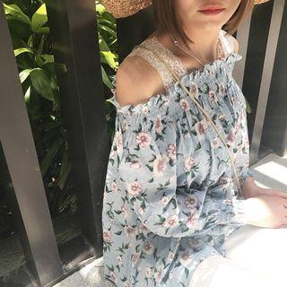 Lace Strap Off-shoulder Floral Print Long-sleeve Top