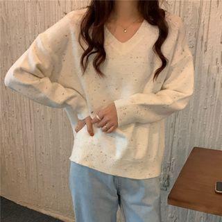 Long-sleeve Snowflake V-neck Sweater As Shown In Figure - One Size